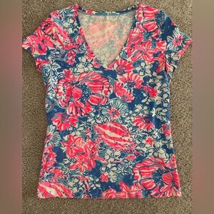 Lilly Pulitzer Pink and Blue Floral V-Neck Top